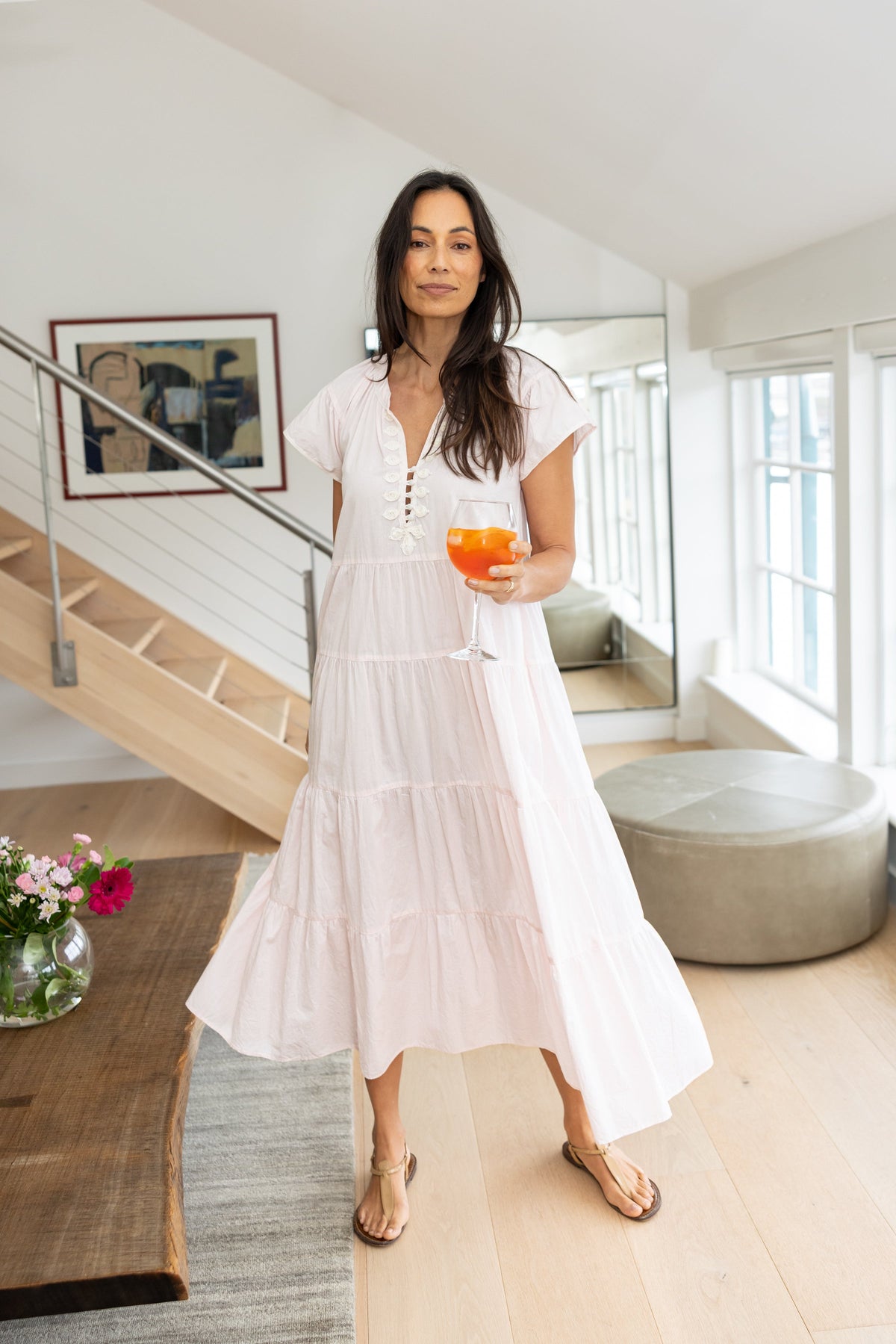 Rose & Rose Camellia Dress in Shell Pink and White