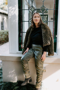 Once Was - Sybil Chevron Faux Fur Rib Collar Bomber in Moss Green