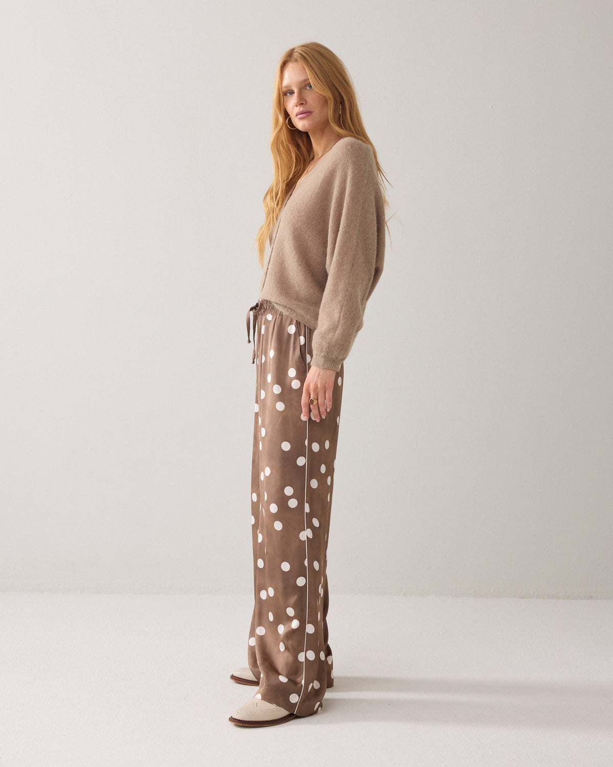 Summum Irregular Dot wide leg pants in Khaki - print detail