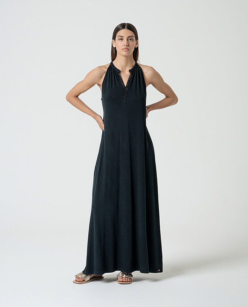 Plain organic cotton long dress Navy blue