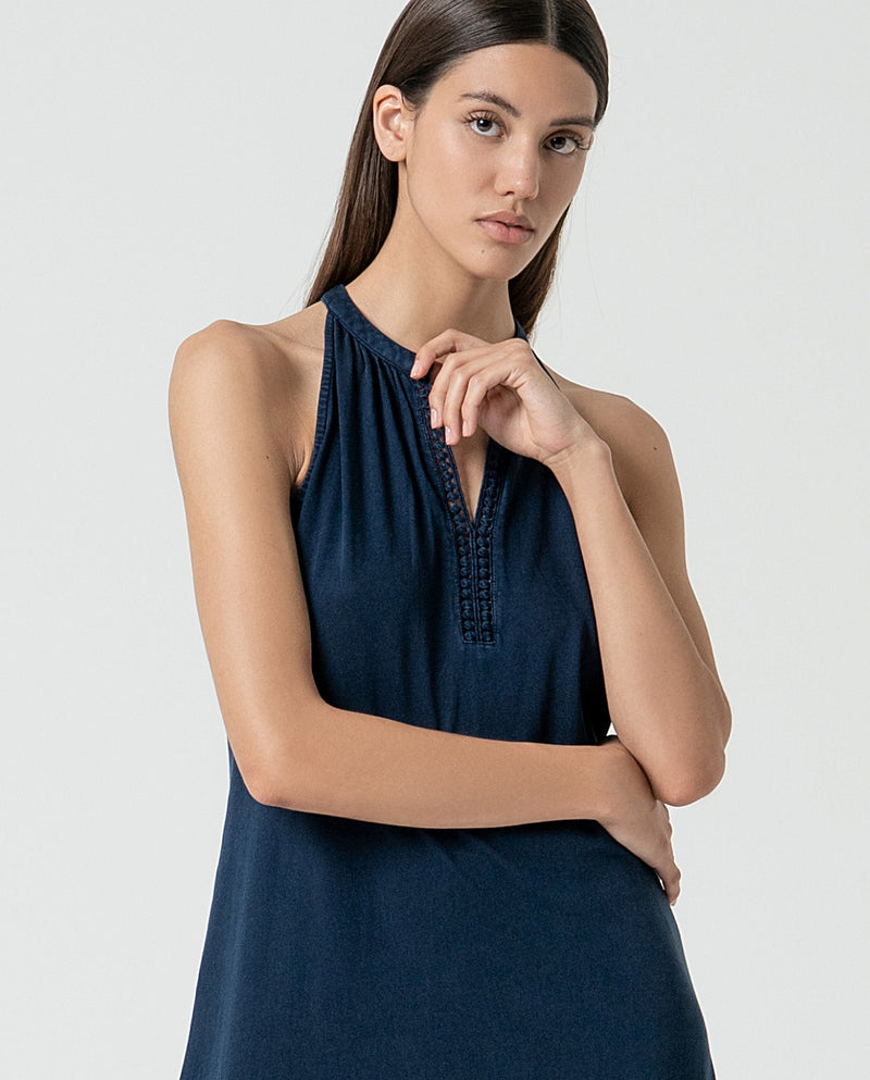 Plain organic cotton long dress Navy blue