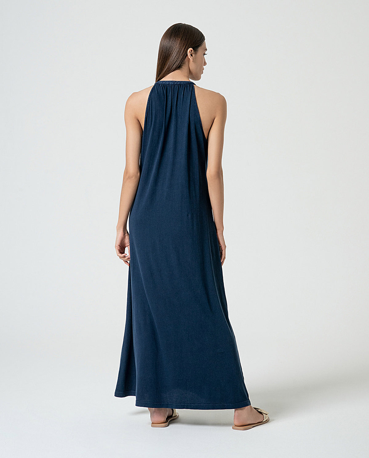 Plain organic cotton long dress Navy blue