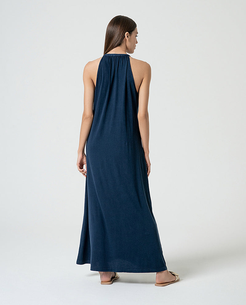 Plain organic cotton long dress Navy blue