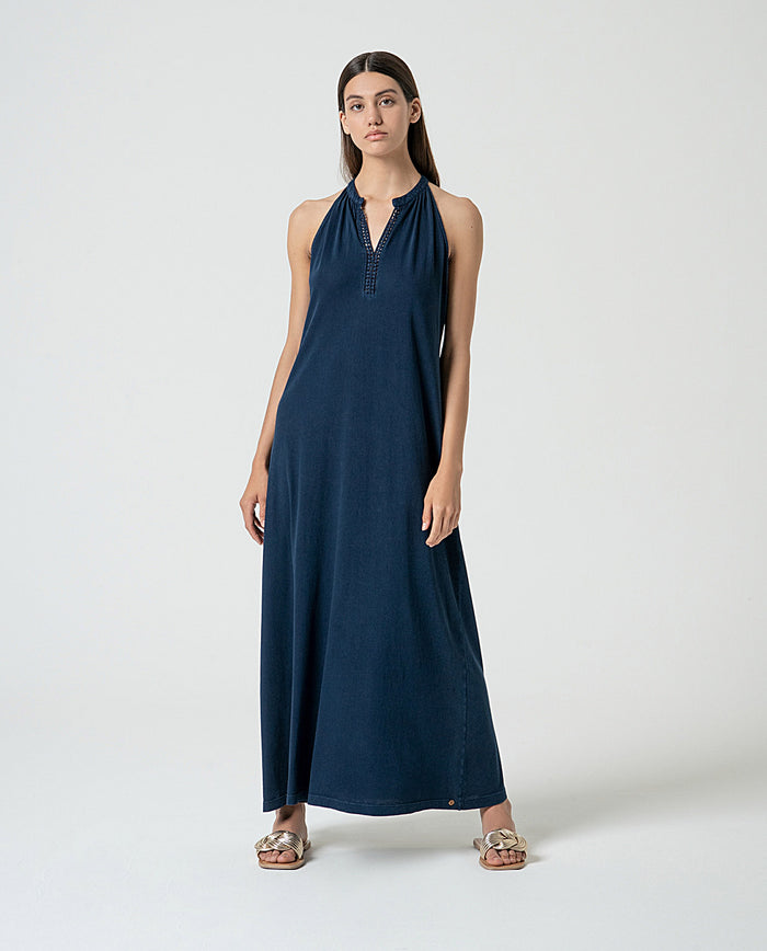 Plain organic cotton long dress Navy blue