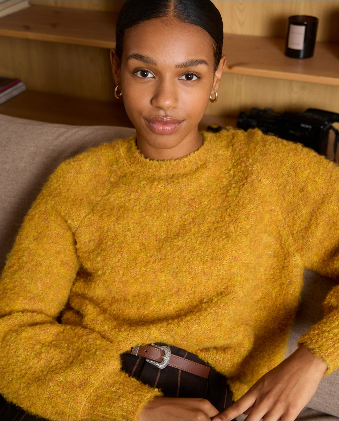 Surkana - Short Bouclé Knitted Sweater in Mustard
