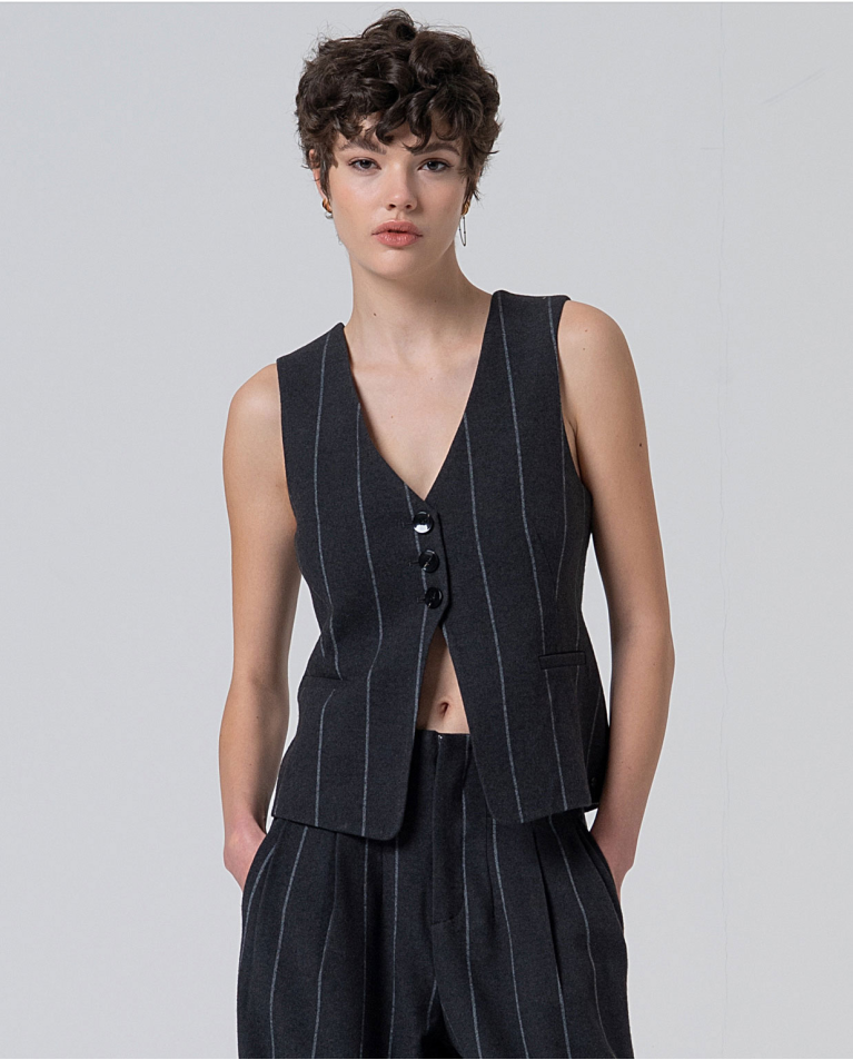 Surkana - Long Pinstripe Vest in Dark Grey