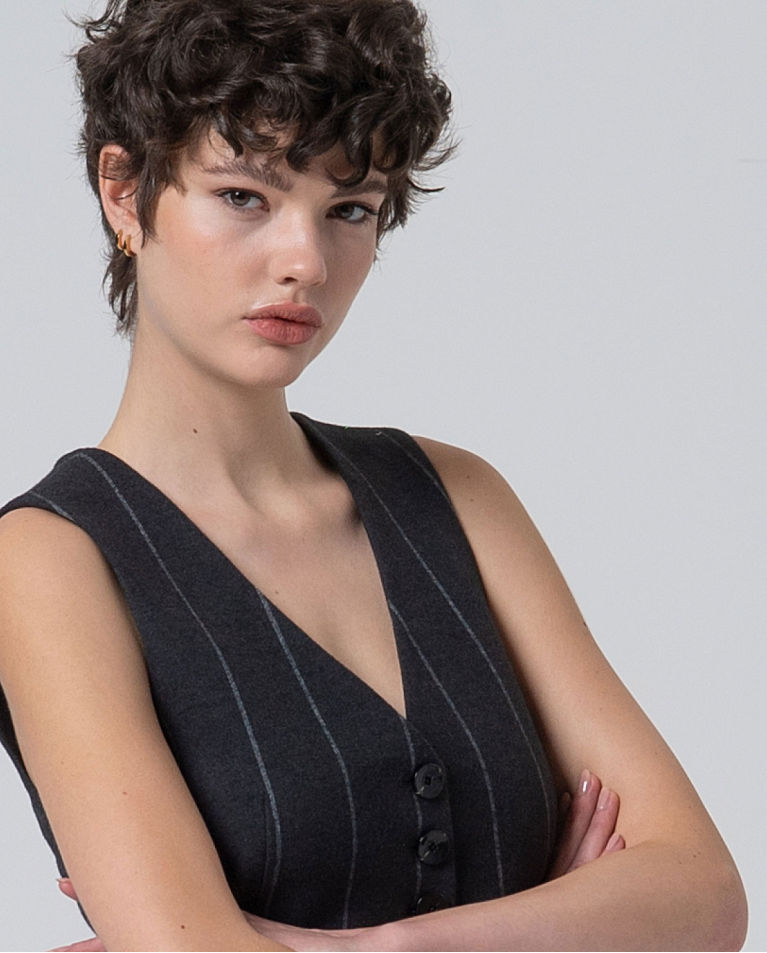 Surkana - Long Pinstripe Vest in Dark Grey
