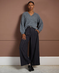 Surkana - Pinstriped Wide Leg Pinstripe Pants in Dark Grey