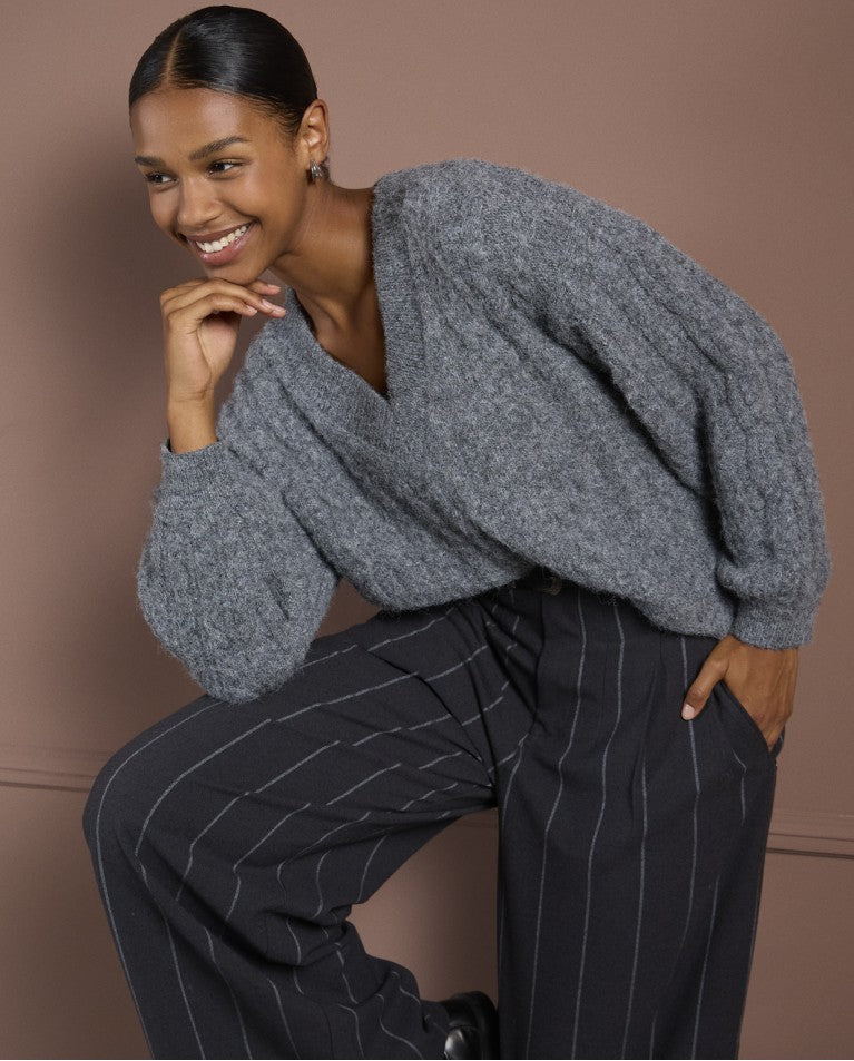 Surkana - Pinstriped Wide Leg Pinstripe Pants in Dark Grey