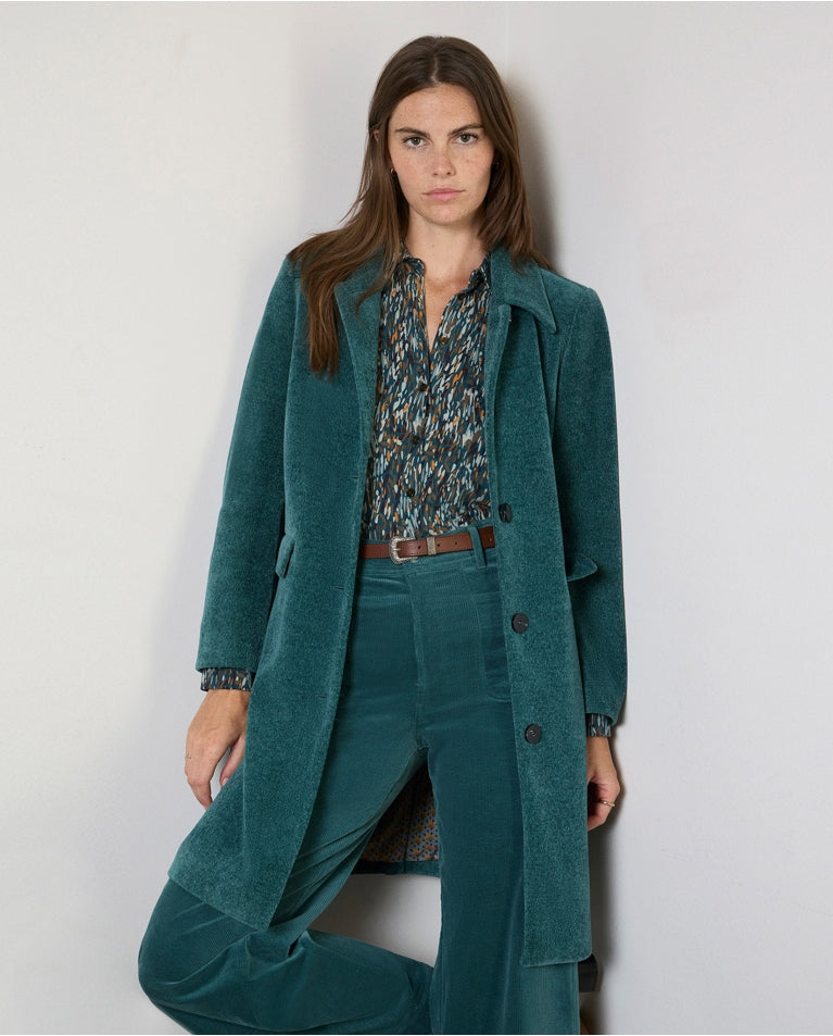 Surkana - Long Structured Chenille Coat in Steel Blue
