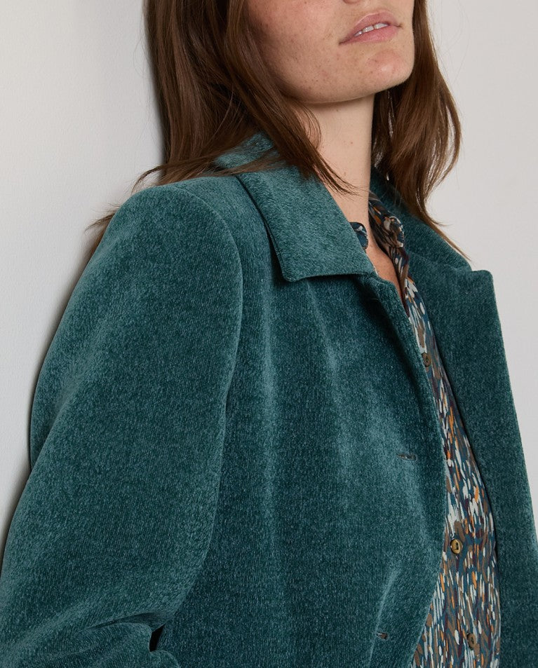 Surkana - Long Structured Chenille Coat in Steel Blue