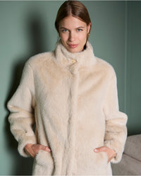 Surkana - Teddy Effect Coat with High Collar in Ecru