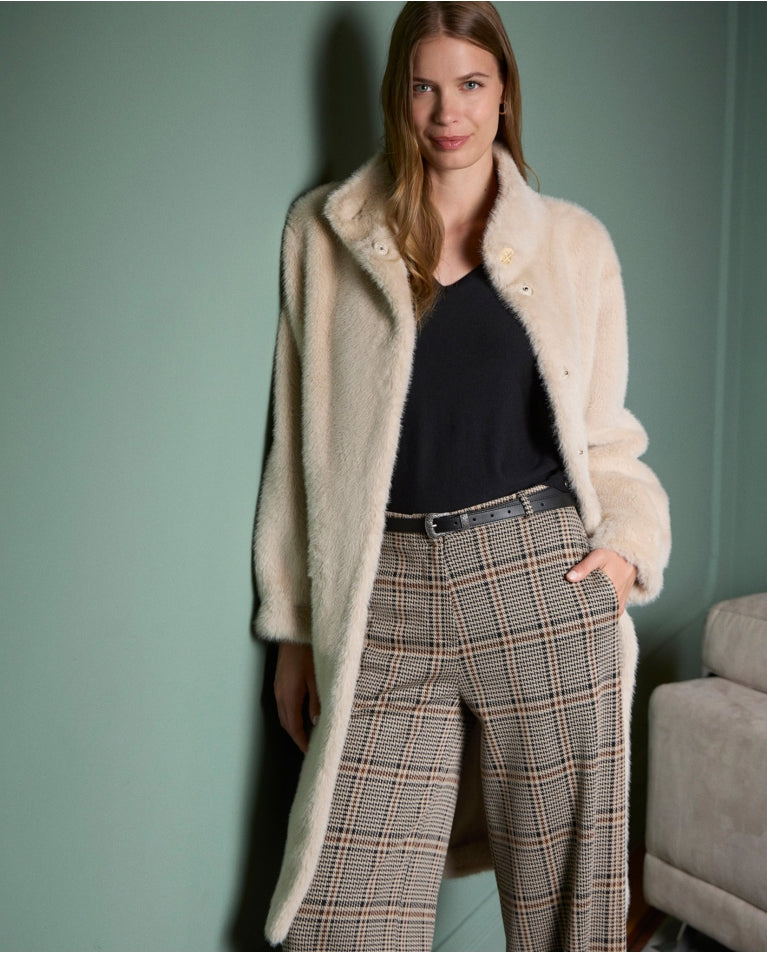 Surkana - Teddy Effect Coat with High Collar in Ecru