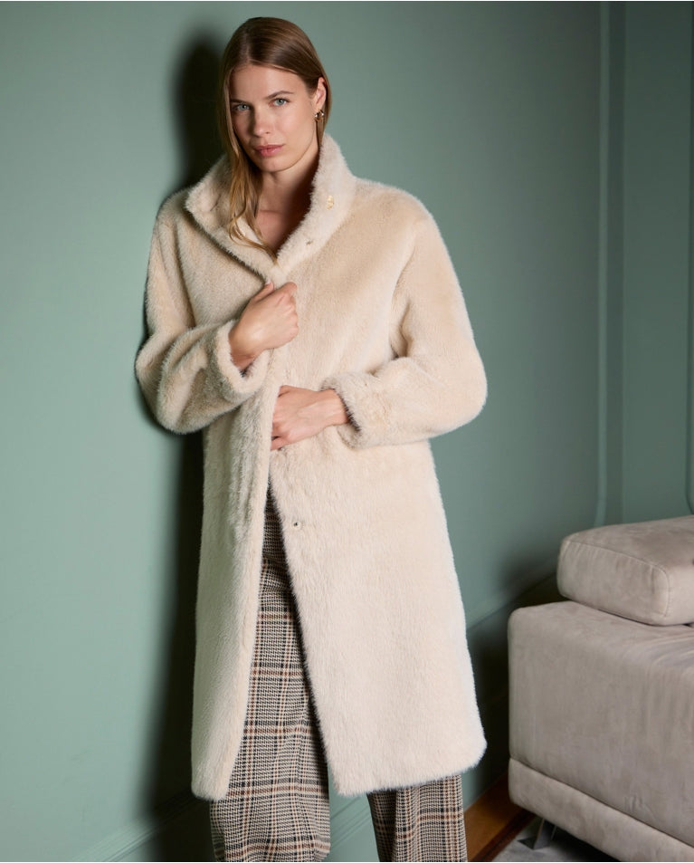Surkana - Teddy Effect Coat with High Collar in Ecru