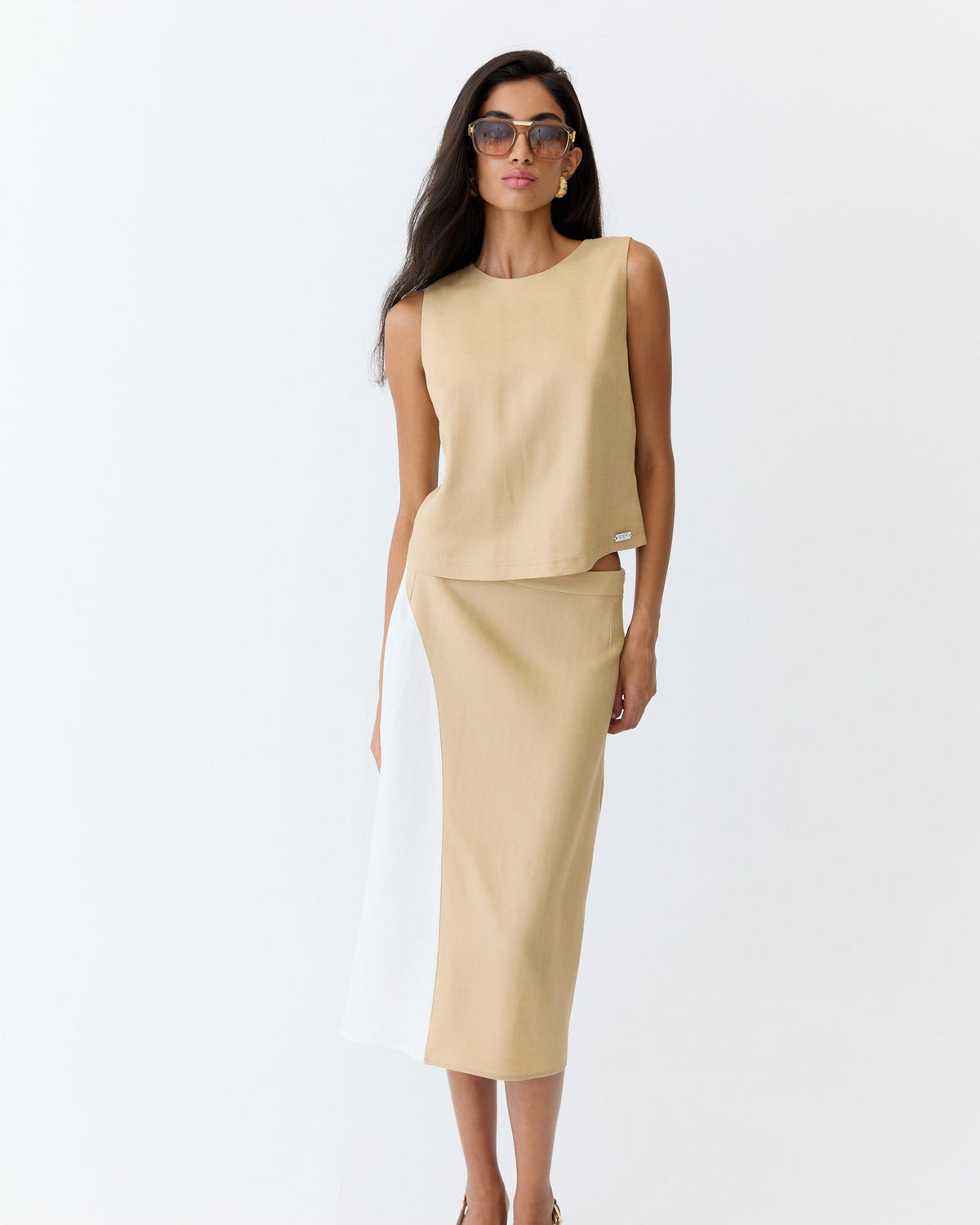 Eder by Anna Splice Skirt Caramel and Off White Herringbone