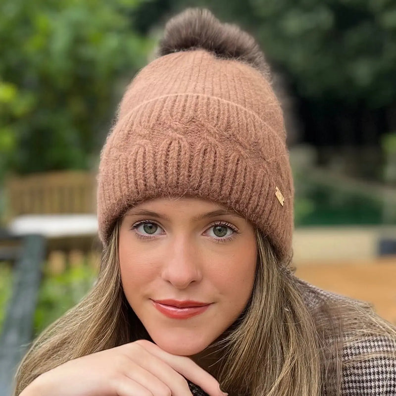 Hairflair angora camel beanie 70% angora lux pom pom winter hat — Zoe Clare Leura Village Blue Mountains