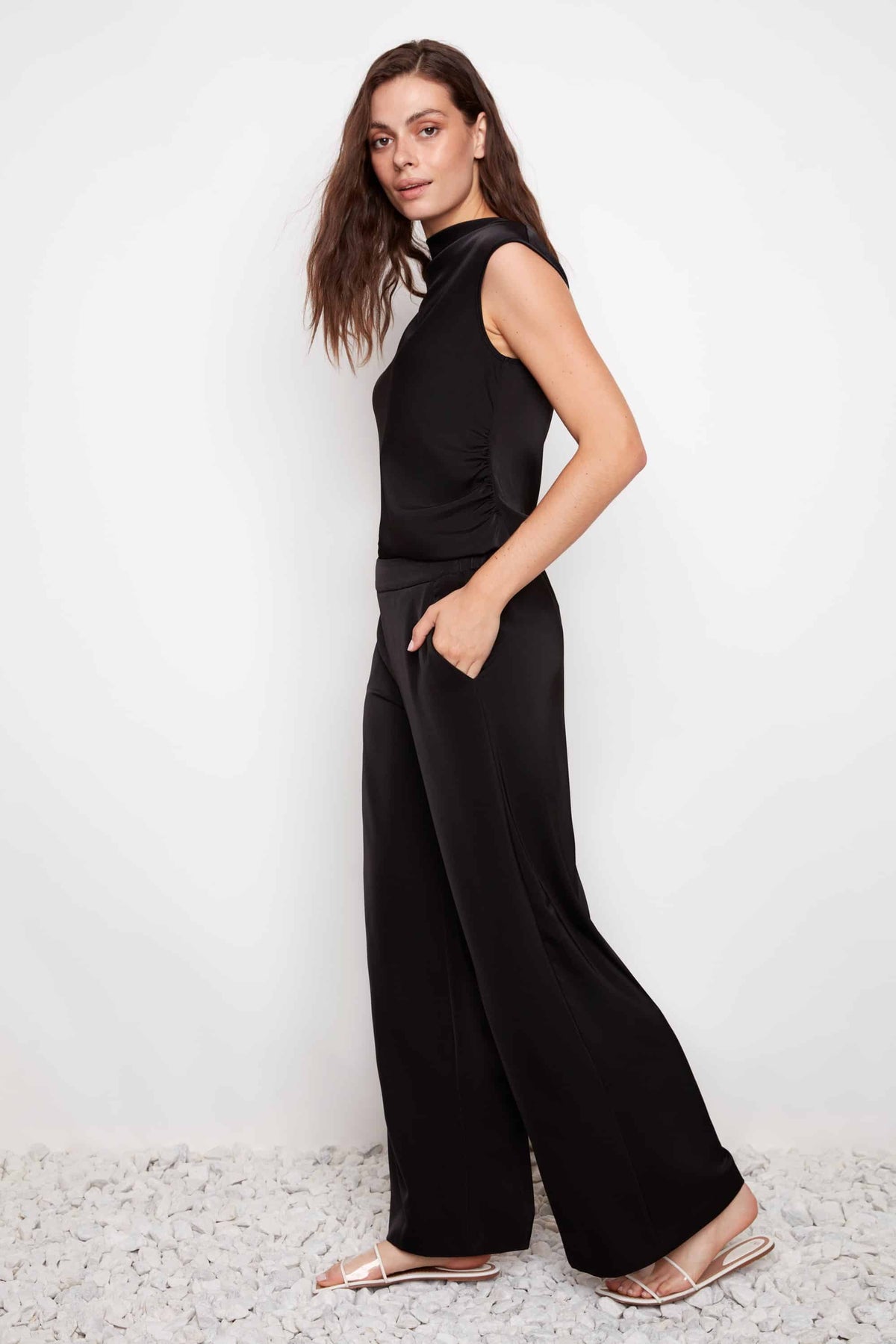 68487  Up Pants - Belize Satin Wide Leg Full Length Pants