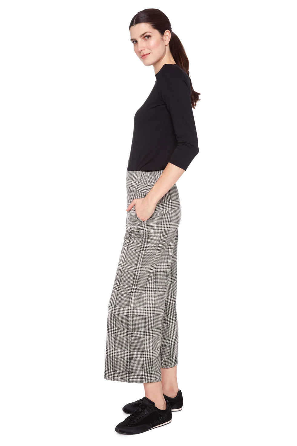 UP - Cropped Wide Leg Knit Pant - Beige Plaid 68681UP