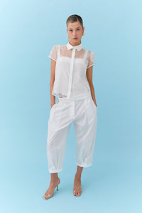 Front view of the Eder by Anna Ludovina organza blouse with classic collar and button-through front