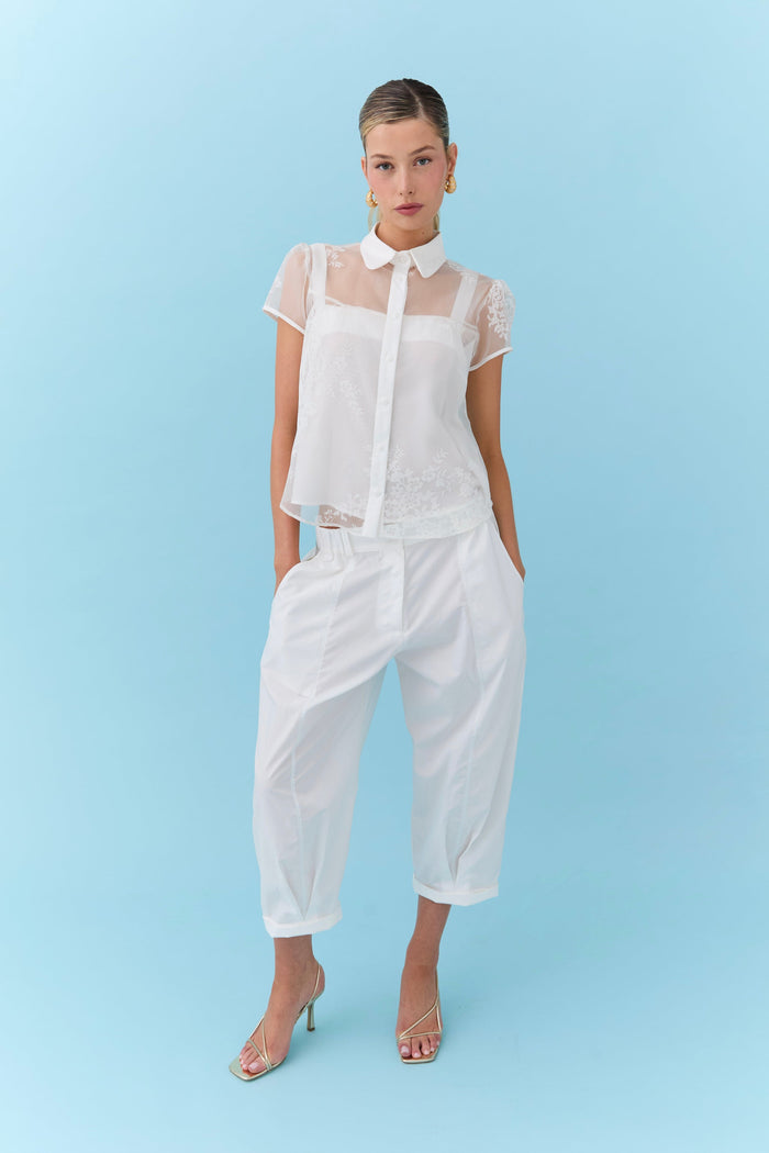 Front view of the Eder by Anna Ludovina organza blouse with classic collar and button-through front