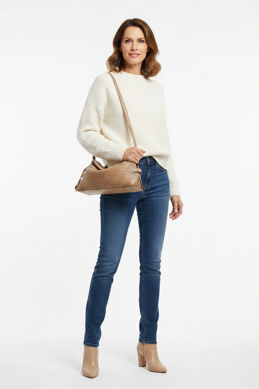 Tania Hird St Margaux cowhide bag nude side view interior pockets