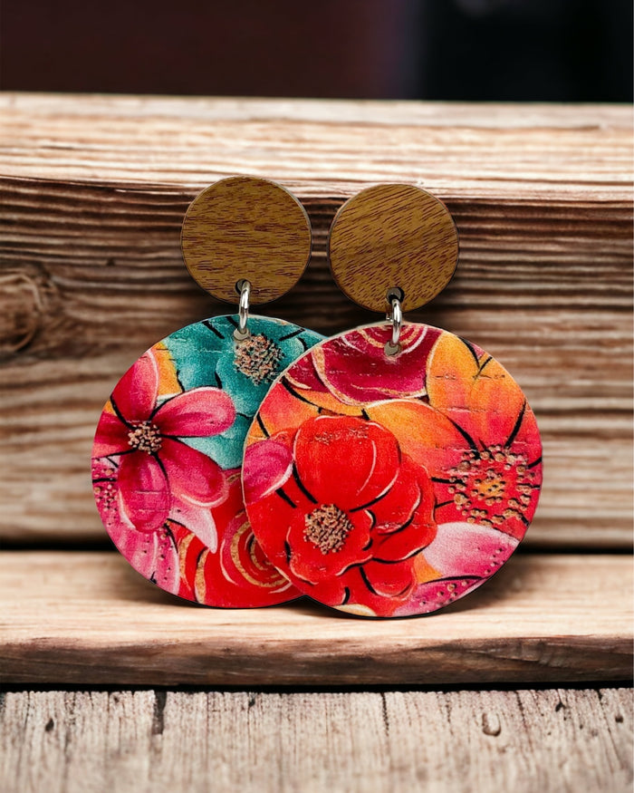 Cork+Leather Round Earring "Glorious Flowers"