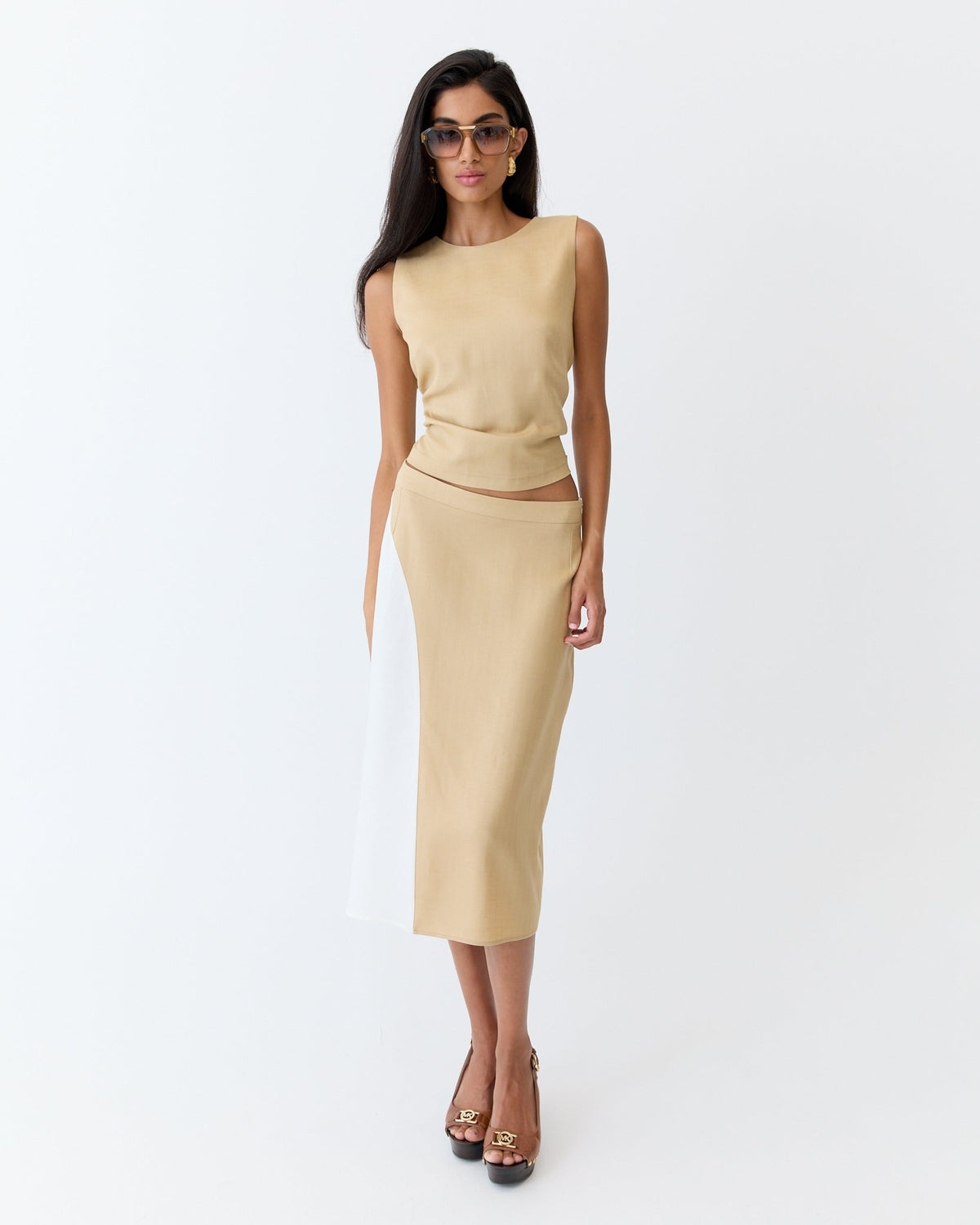 Eder by Anna Splice Skirt Caramel and Off White Herringbone