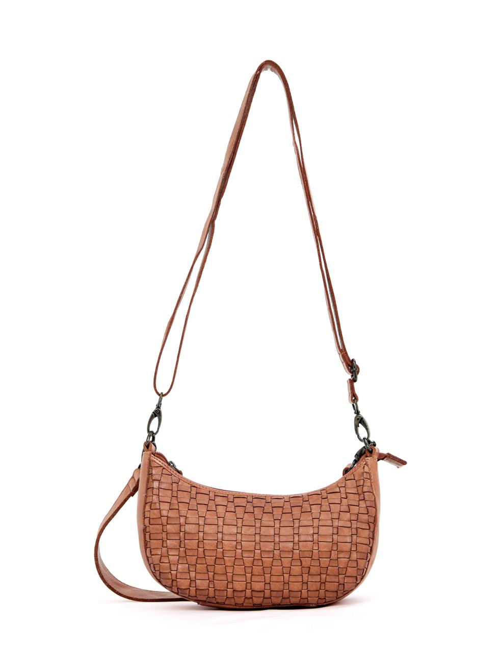 Serenade Sorrento Moon woven leather cross body bag in tan