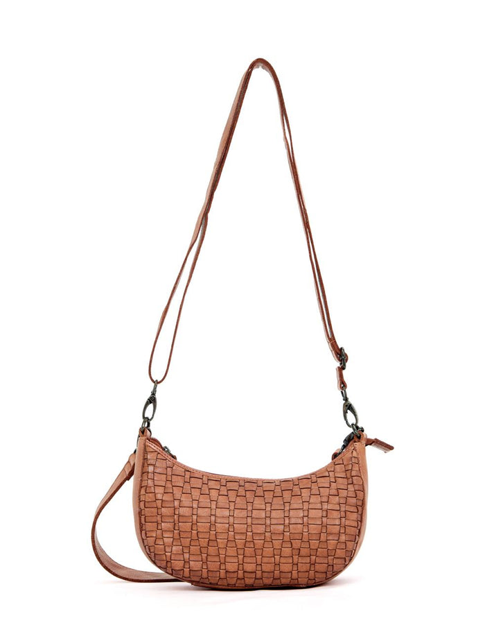 Serenade Sorrento Moon woven leather cross body bag in tan