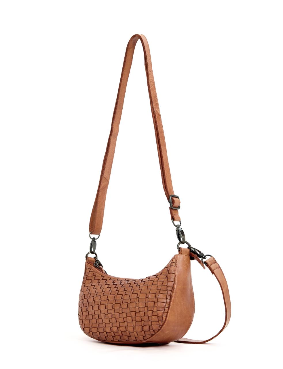 Serenade Sorrento Moon cross body bag in tan, woven front detail