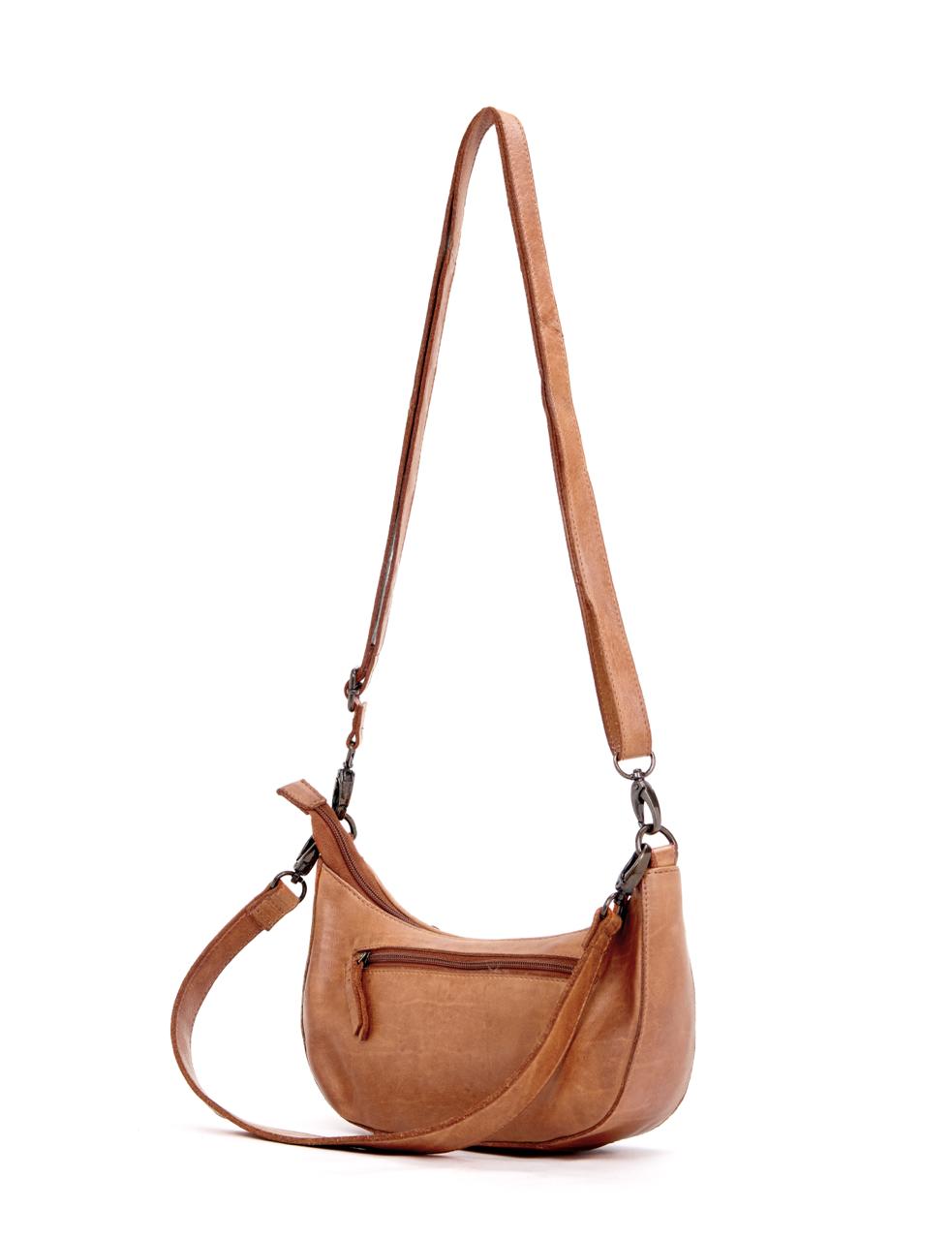Serenade Sorrento Moon cross body bag in tan, styled