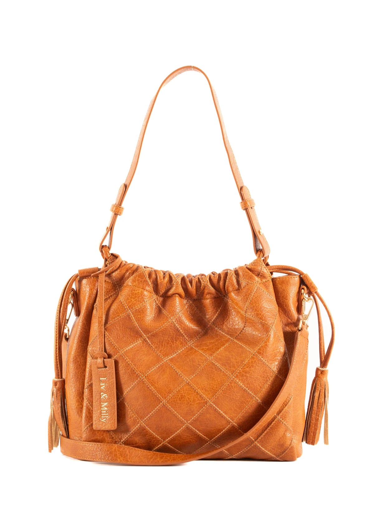 Liv and Milly Alexis tan bag worn shoulder casual outfit