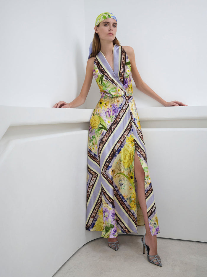 Moss & Spy Alicia Maxi lilac citrus floral styled with matching scarf