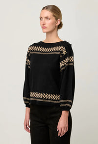 Once Was - Odessa Onyx Merino Wool Cotton Blend Jacquard Knit Top