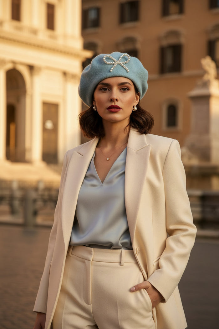 Pearl Wool Blend Beret - Powder Blue