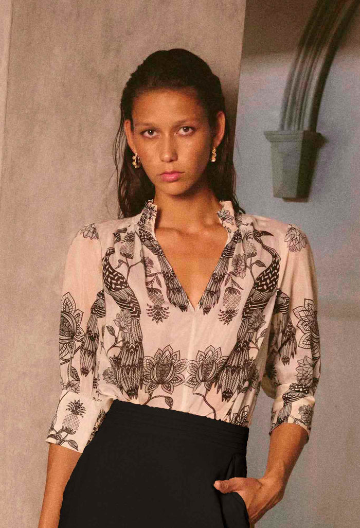 Once Was - Oleander Placement Cotton Silk Print Blouse - IMPERIAL STONE
