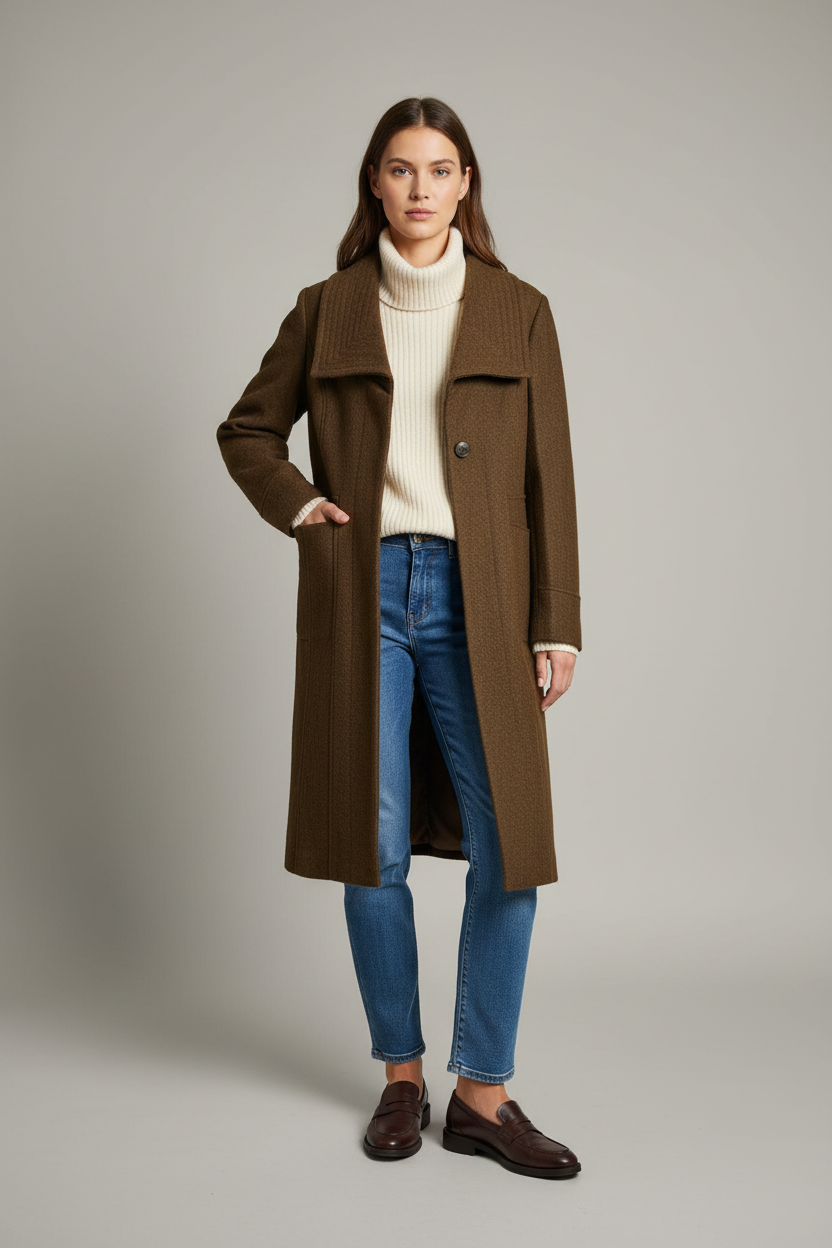 Sabena - Detailed Stitched Fly Boucle Coat - Dark Tan