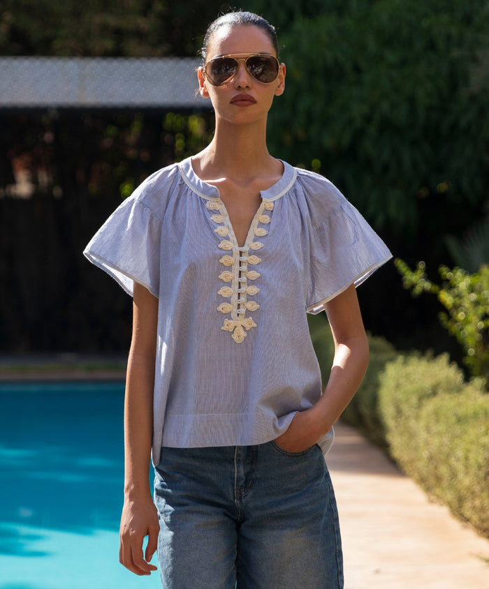 Rose & Rose Clematis Top in Blue Stripe - styled