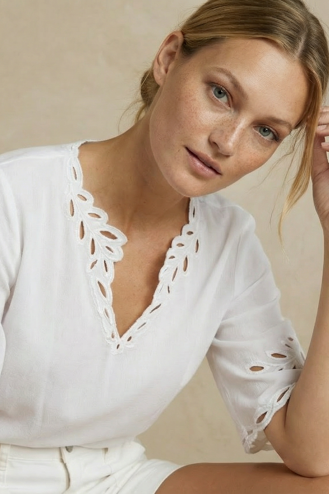 Lola Cordelia linen shirt in baby blue, lace collar detail