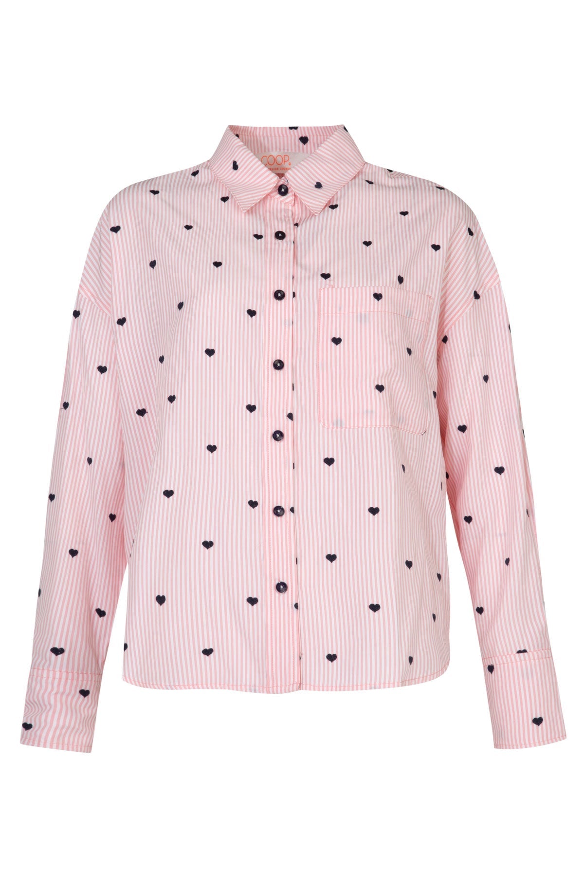 Coop Heart Line Shirt in Pink - embroidered heart fabric close-up