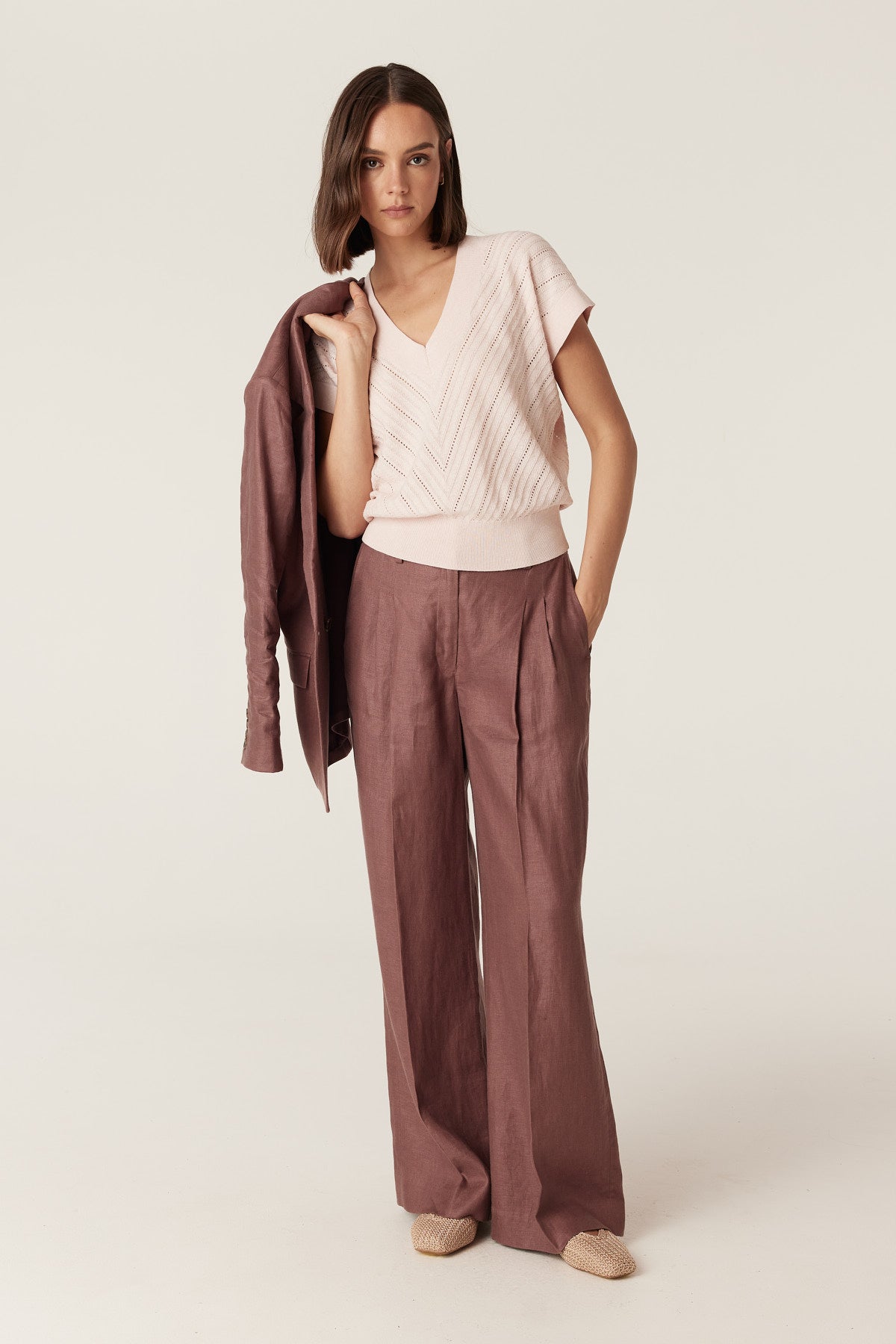 Cable Cotton Cashmere V Top in Pale Pink