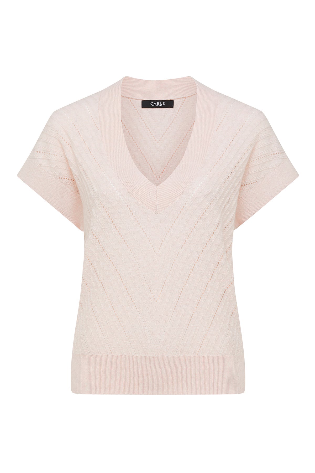 Cable Cotton Cashmere V Top in Pale Pink