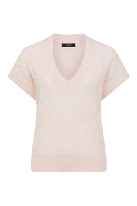 Cable Cotton Cashmere V Top in Pale Pink