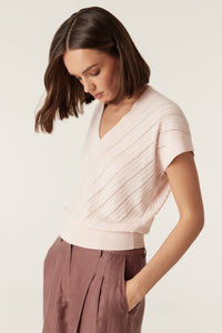 Cable Cotton Cashmere V Top in Pale Pink