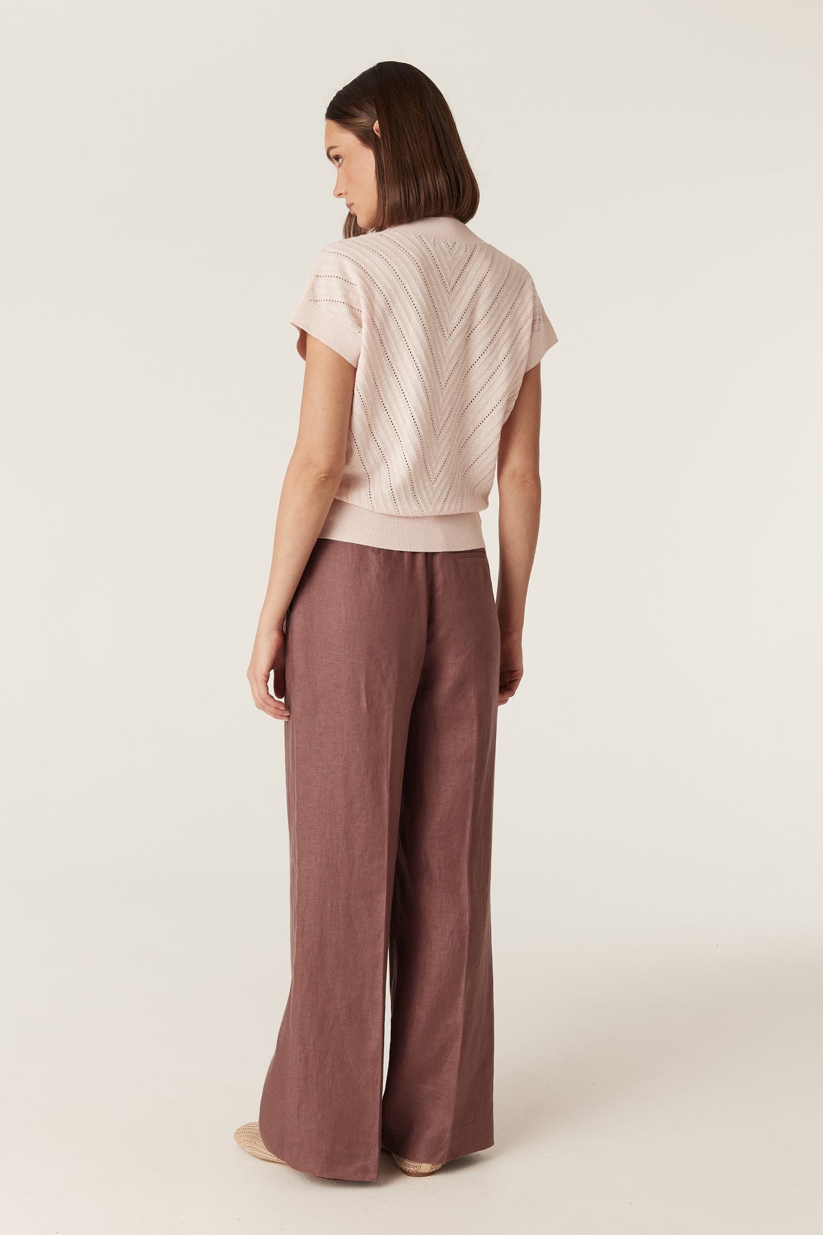 Cable Cotton Cashmere V Top in Pale Pink