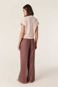 Cable Cotton Cashmere V Top in Pale Pink