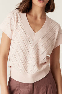 Cable Cotton Cashmere V Top in Pale Pink