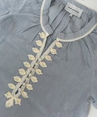 Rose & Rose Carnation Dress in Blue Stripe - passementerie detail