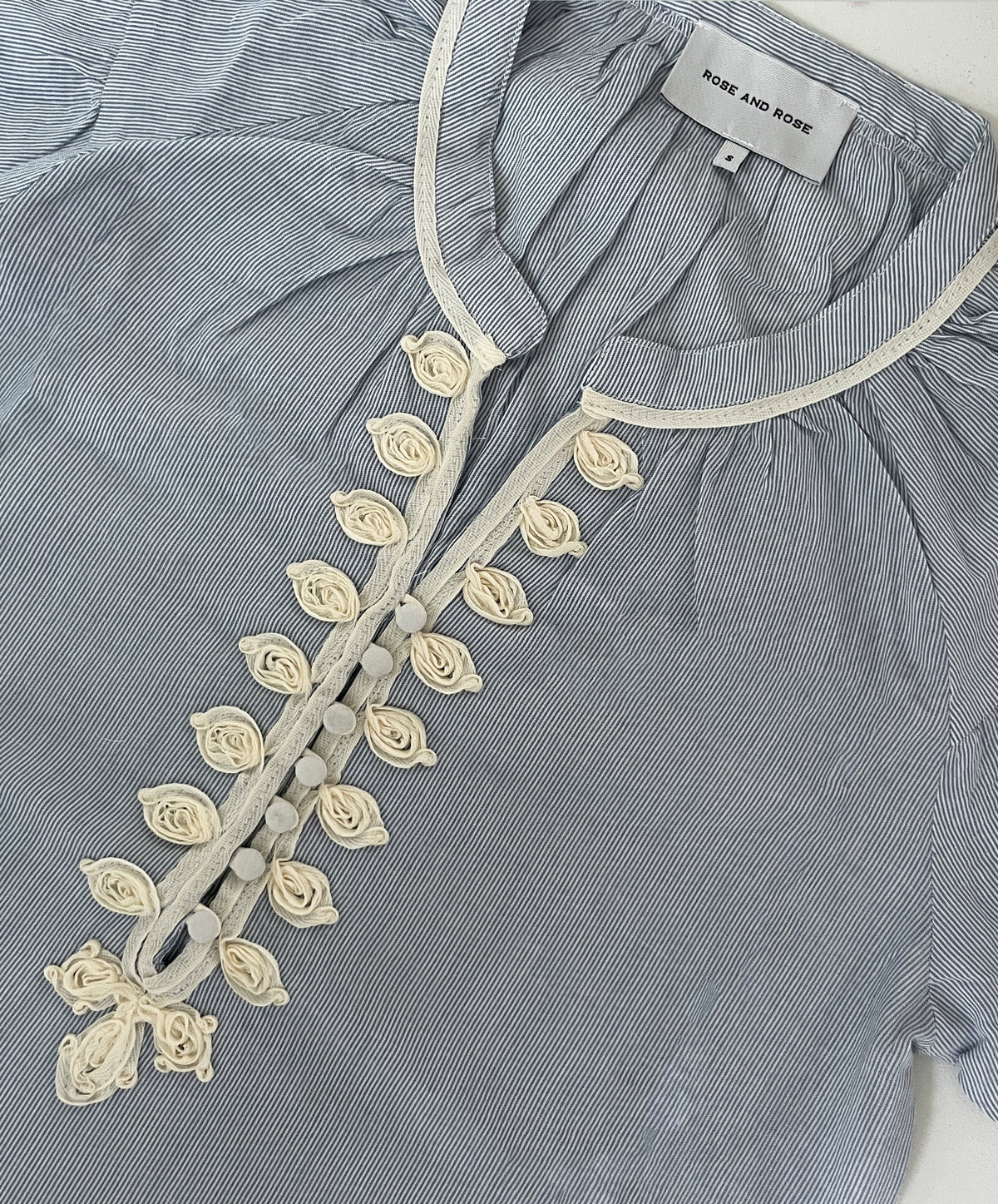 Rose & Rose Clematis Top in Blue Stripe - passementerie detail