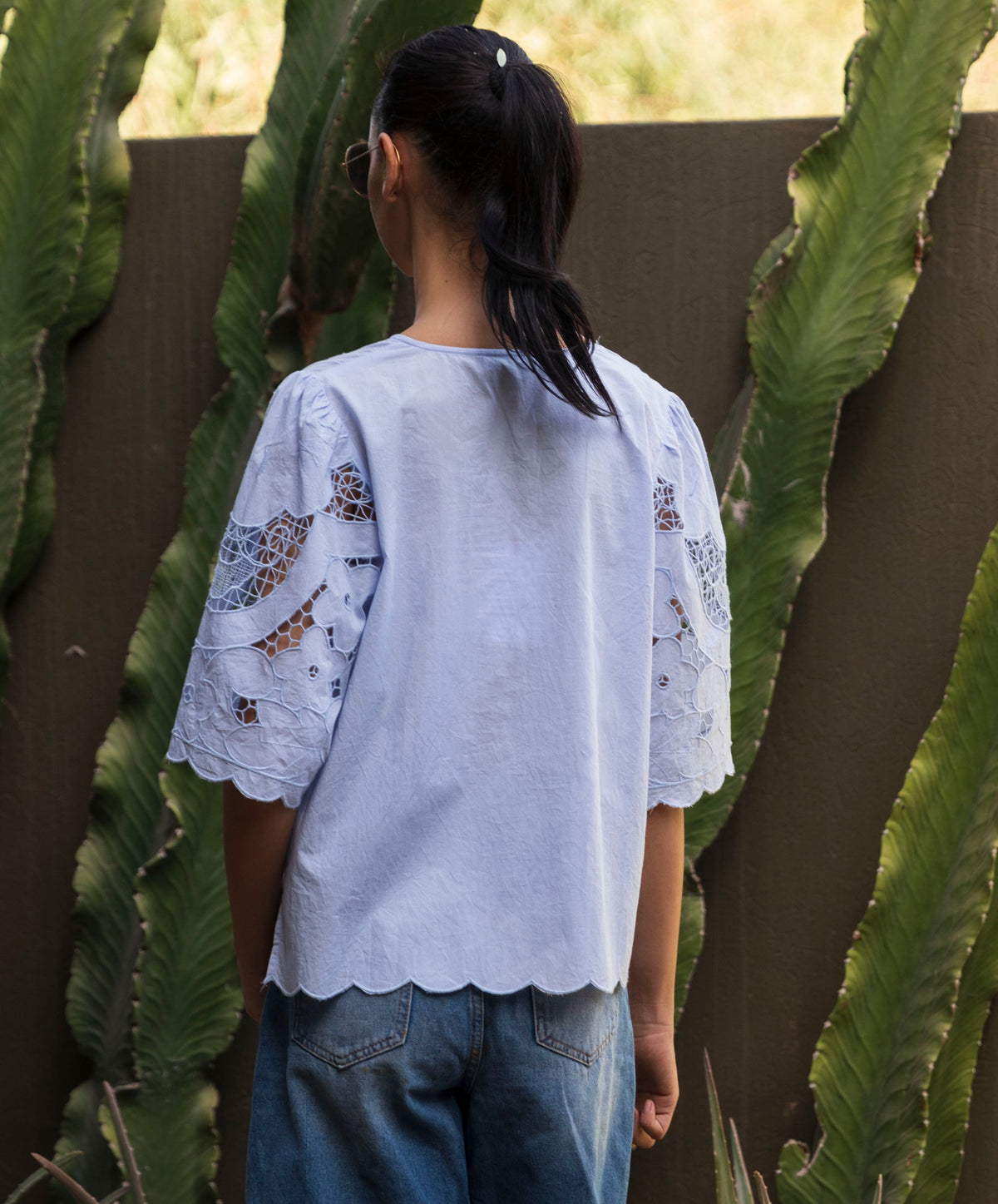 Rose & Rose Delphinium Top in Banker Blue - styled